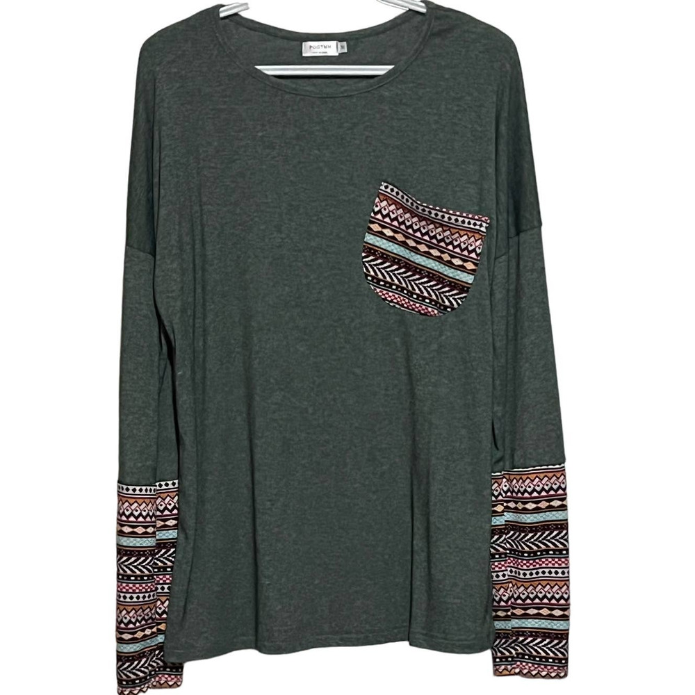POGTMM Women's Green‎ Soft Patchwork Tunic Thumb Hole Size M